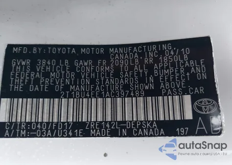 2010 Toyota Corolla S z USA, uszkodzony, nr VIN 2T1BU4EE1AC397489